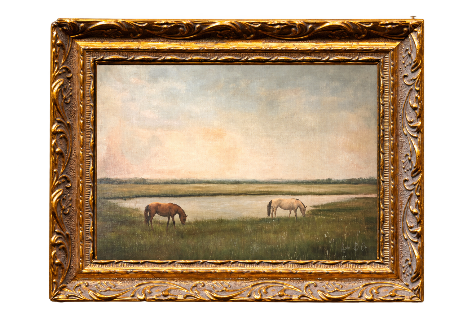 Grazing Horses | French Brass Gold Mould Framed Art