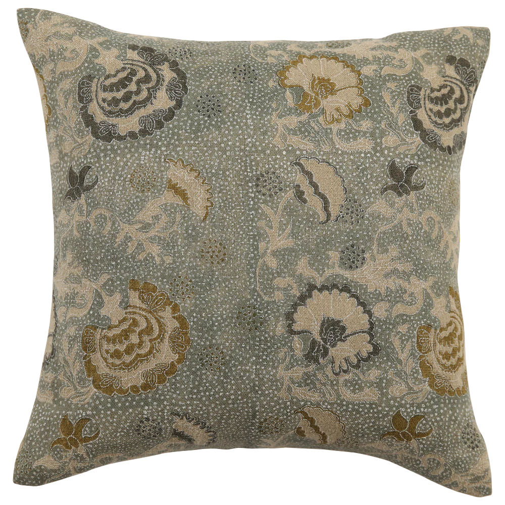 Tulip Azur hand block-printed linen pillow with serene floral pattern, zipper closure, and handcrafted made-to-order finish