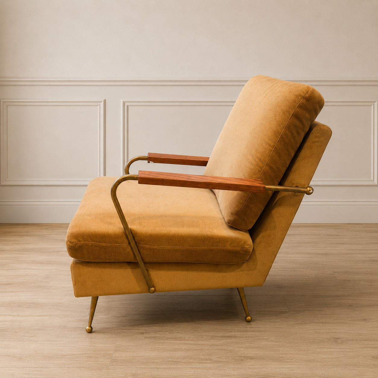 Vintage Mid-Century Camel Lounge Chair with Wood & Brass Arms (2 available)
