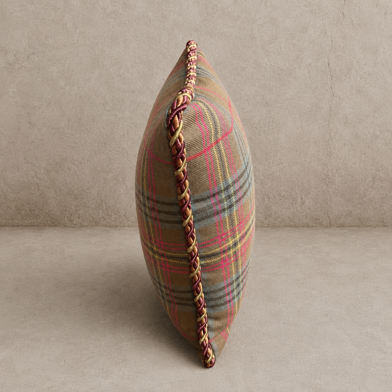 Locharron Pastel Heritage Tartan Pillow with Burgundy Cord Trim Pillow