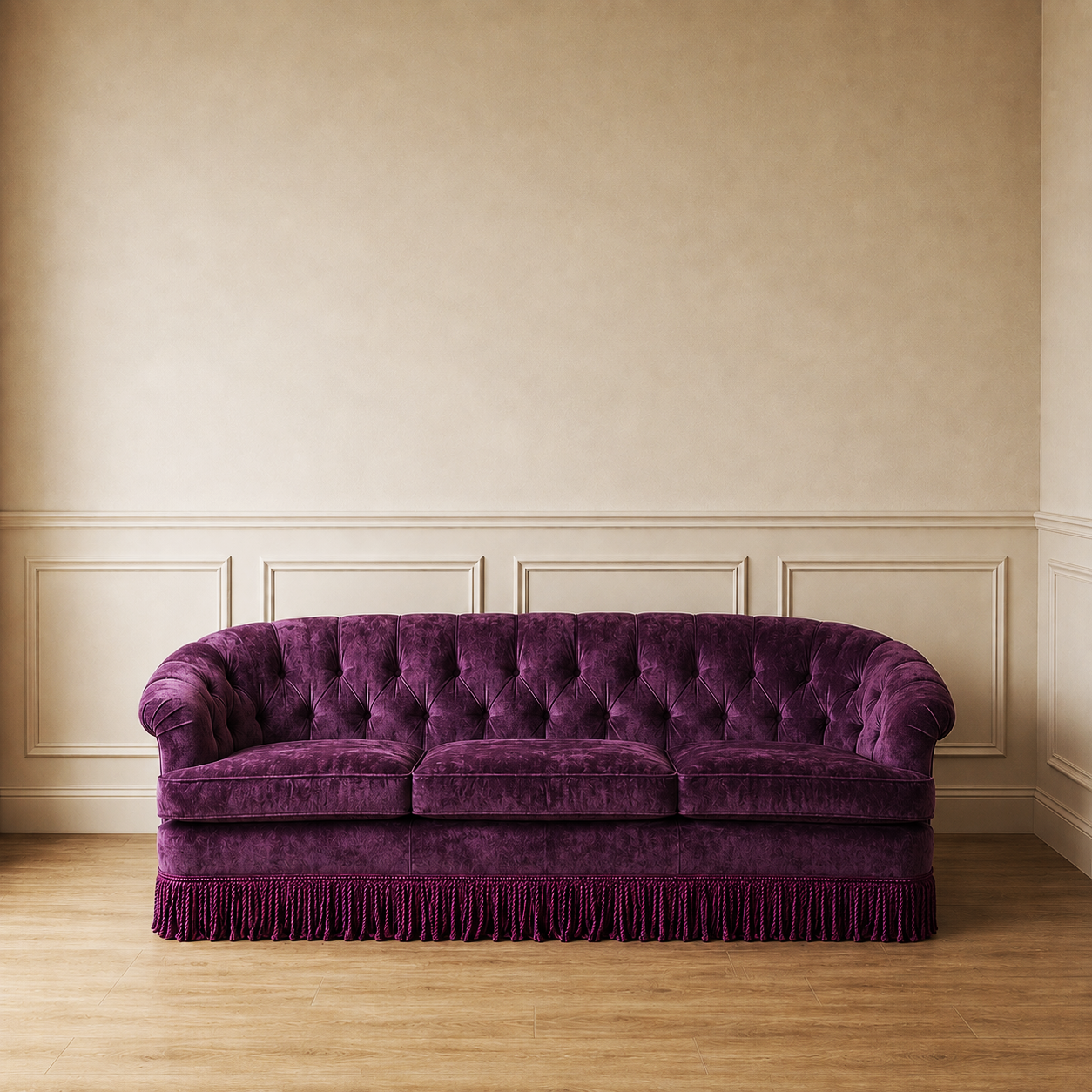 Vintage Deep Plum Tufted Fringe Sofa