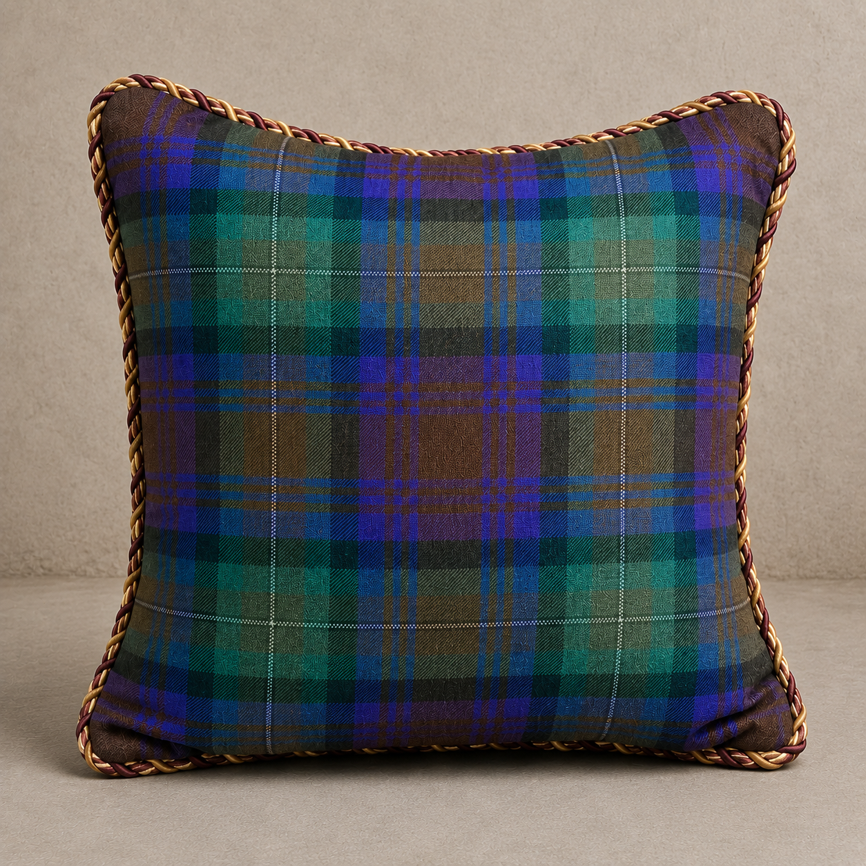 Blue, Plum and Green, Soft Navy Velvet back Tartan Pillow, Small