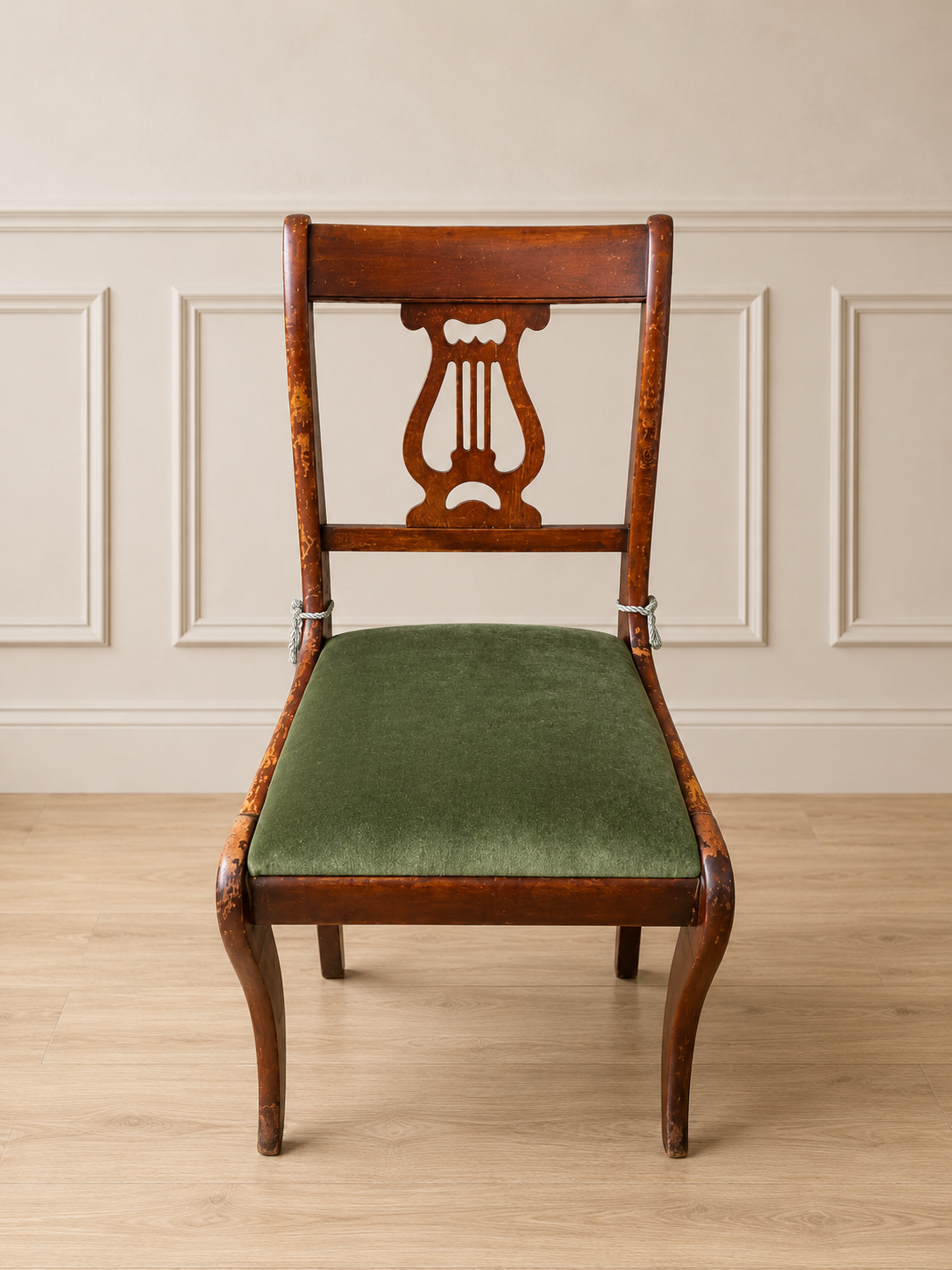 Vintage Lyre-Back Green Velvet Side Chair