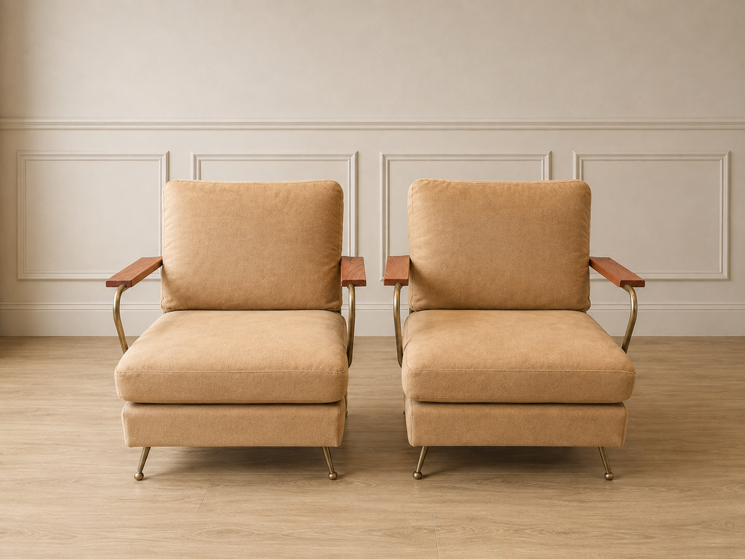 Vintage Mid-Century Camel Lounge Chair with Wood & Brass Arms (2 available)