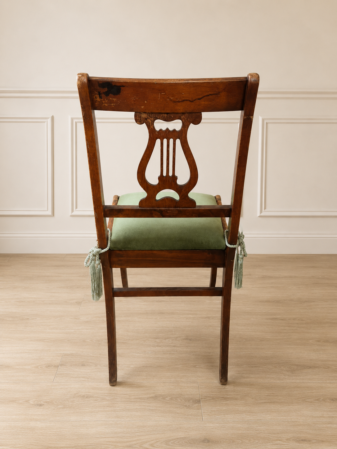 Vintage Lyre-Back Green Velvet Side Chair