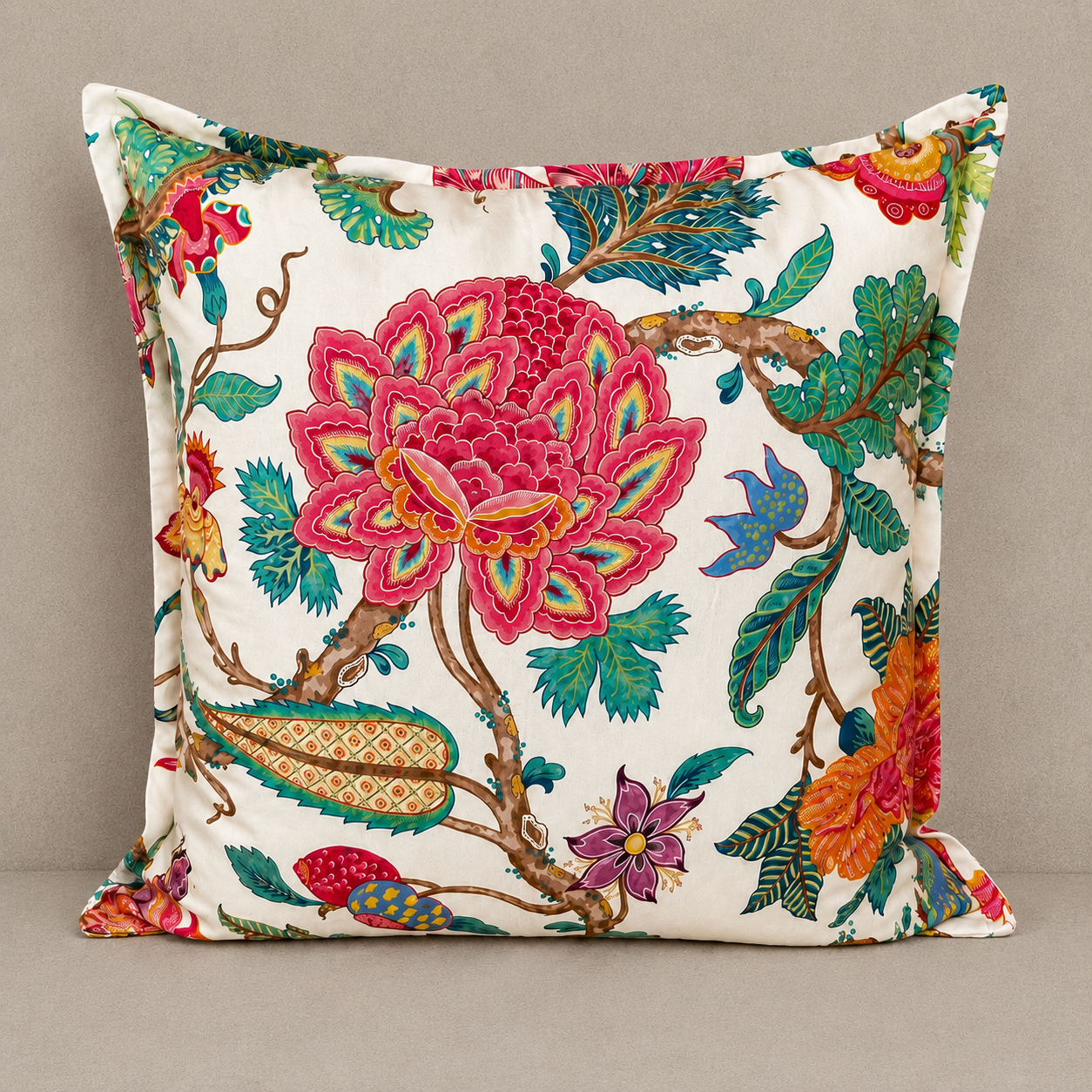 Vibrant Chinoiserie Designer Fabric Floral Pillow, 21"x21`"