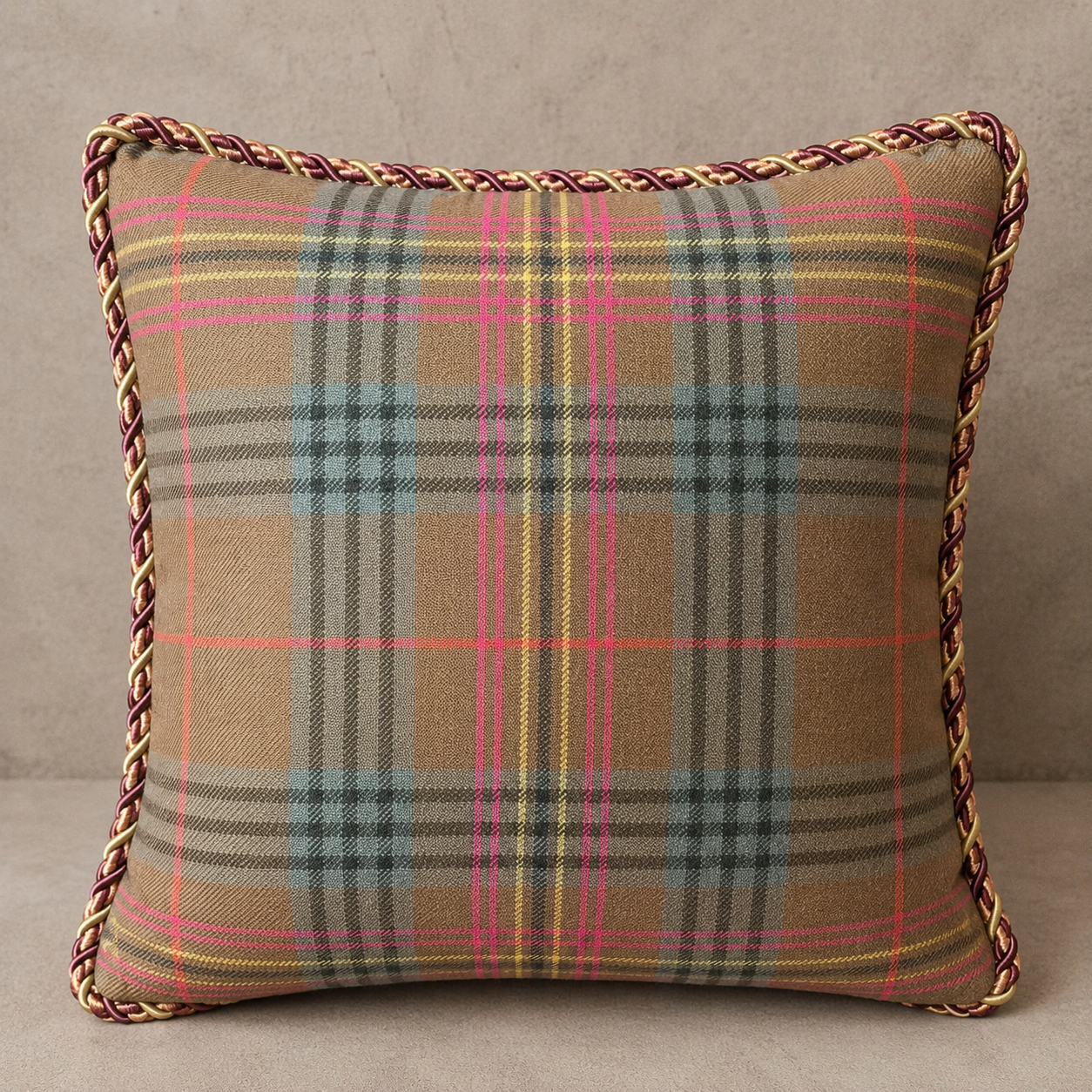 Locharron Pastel Heritage Tartan Pillow with Burgundy Cord Trim Pillow