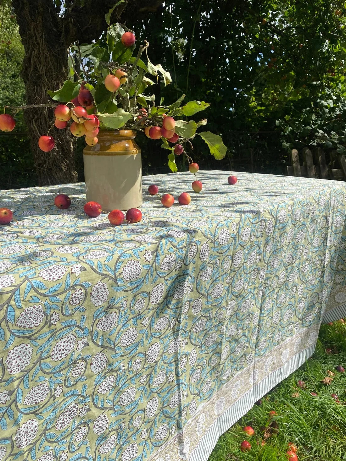 Olive and Turquoise Floral Tablecloth, 3m