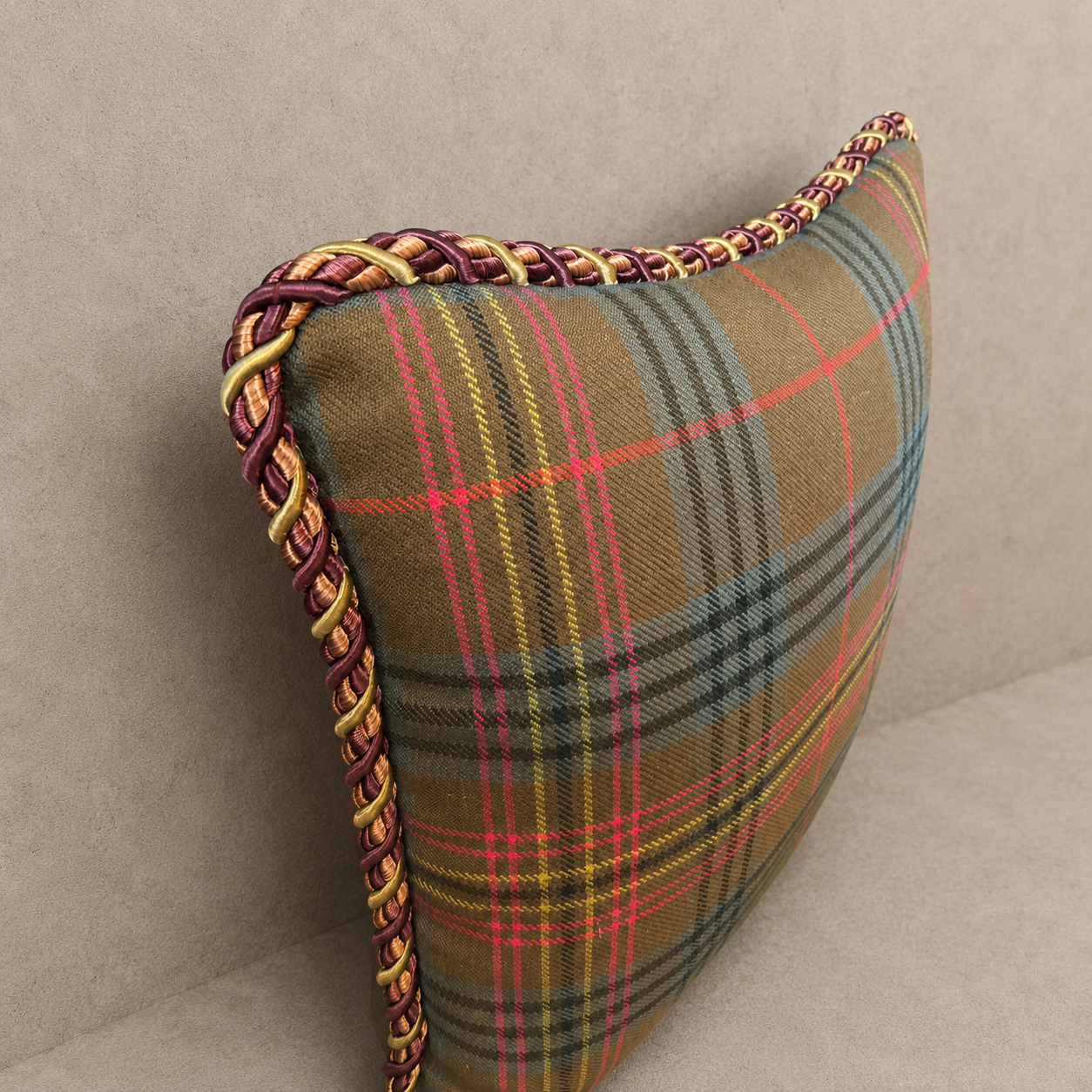 Locharron Pastel Heritage Tartan Pillow with Burgundy Cord Trim Pillow
