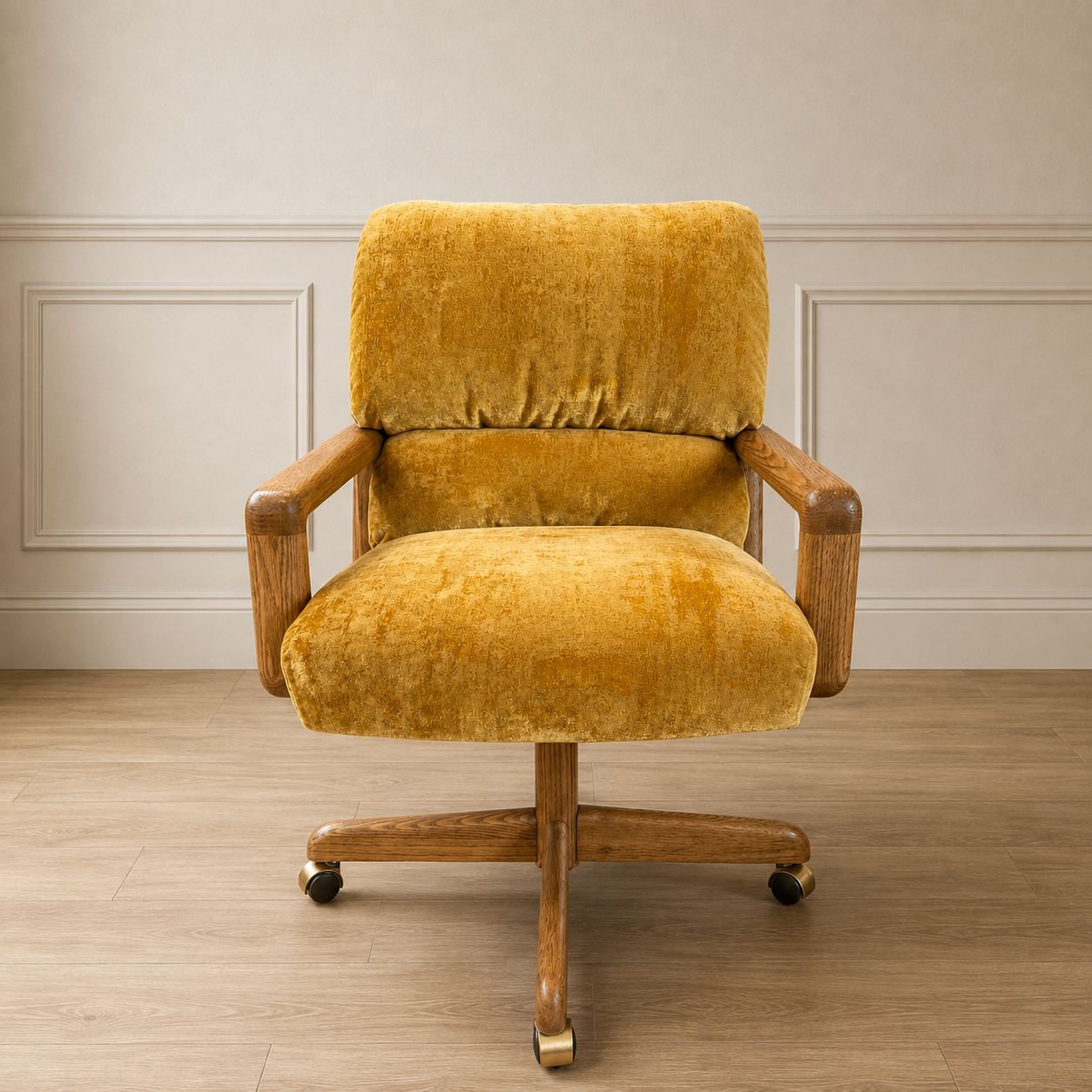 Vintage Mustard Velvet & Sculpted Walnut Exec Game Chair (4 available)