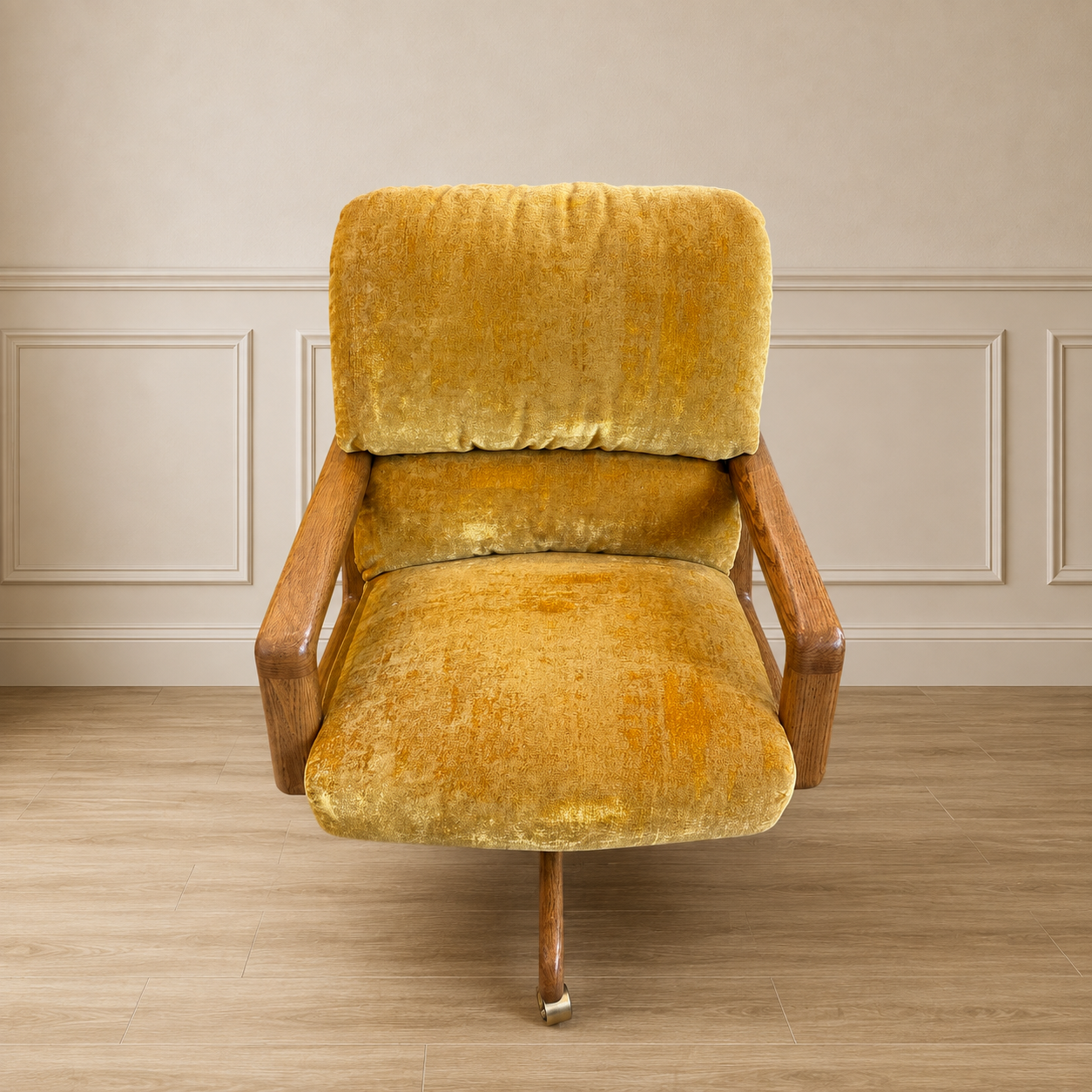 Vintage Mustard Velvet & Sculpted Walnut Exec Game Chair (4 available)