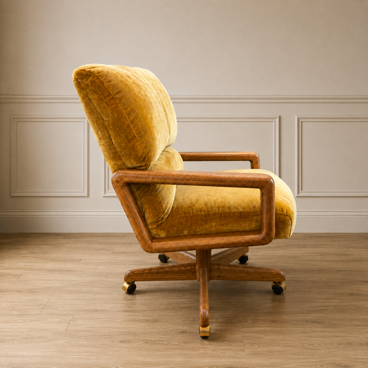 Vintage Mustard Velvet & Sculpted Walnut Exec Game Chair (4 available)