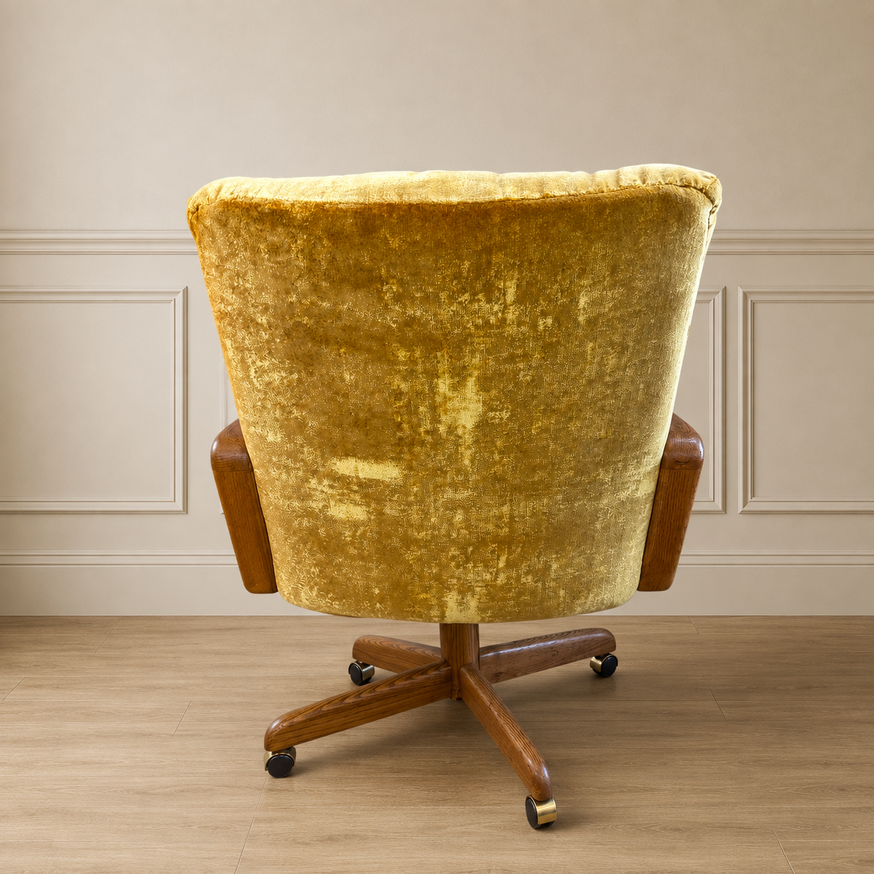 Vintage Mustard Velvet & Sculpted Walnut Exec Game Chair (4 available)