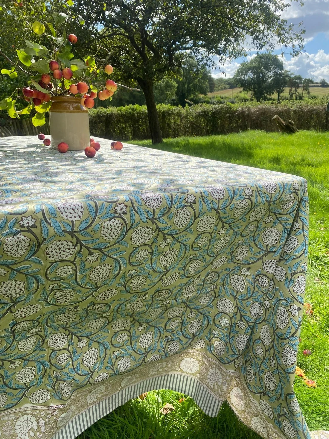Olive and Turquoise Floral Tablecloth, 3m