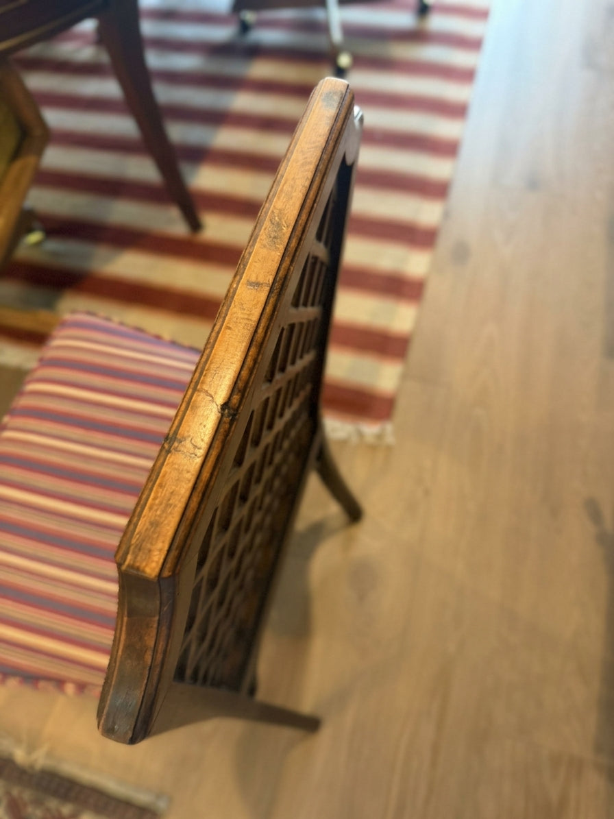 Vintage Burlwood Lattice Back Dining Chair with Striped Upholstered Seat