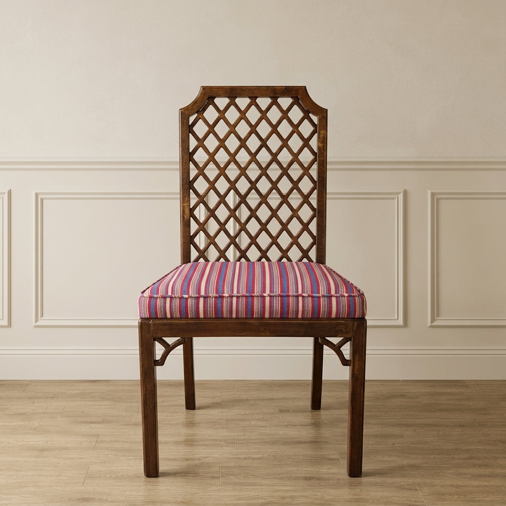 Vintage Burlwood Lattice Back Dining Chair with Striped Upholstered Seat