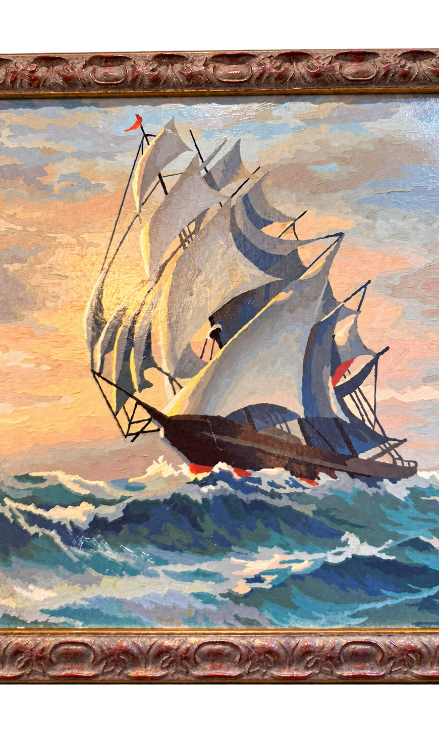 Vintage Original- 1970 Clipper Ship Oil Painting in Ornate Frame