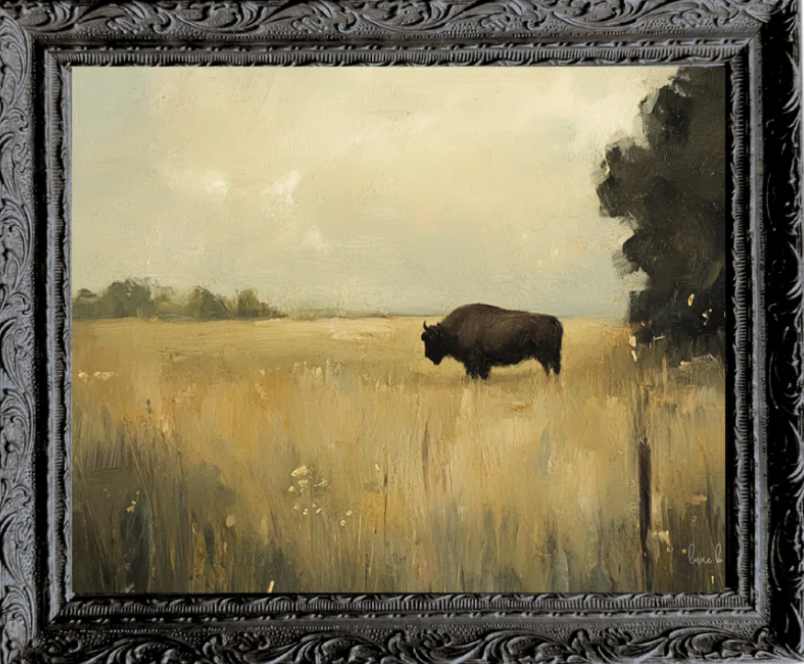 Grazing Bison | French Black Mould Framed Art