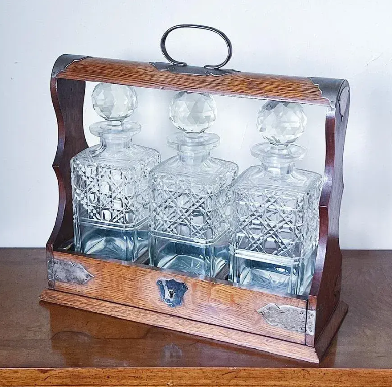 Antique Oak and Brass Three-Decanter Tantalus