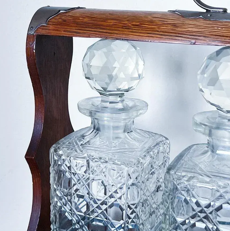 Antique Oak and Brass Three-Decanter Tantalus