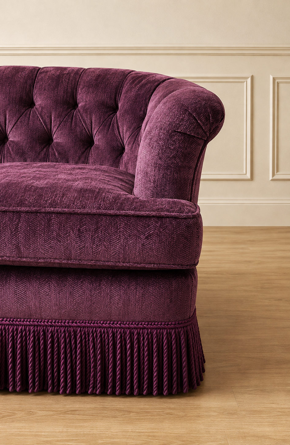 Vintage Deep Plum Tufted Fringe Sofa