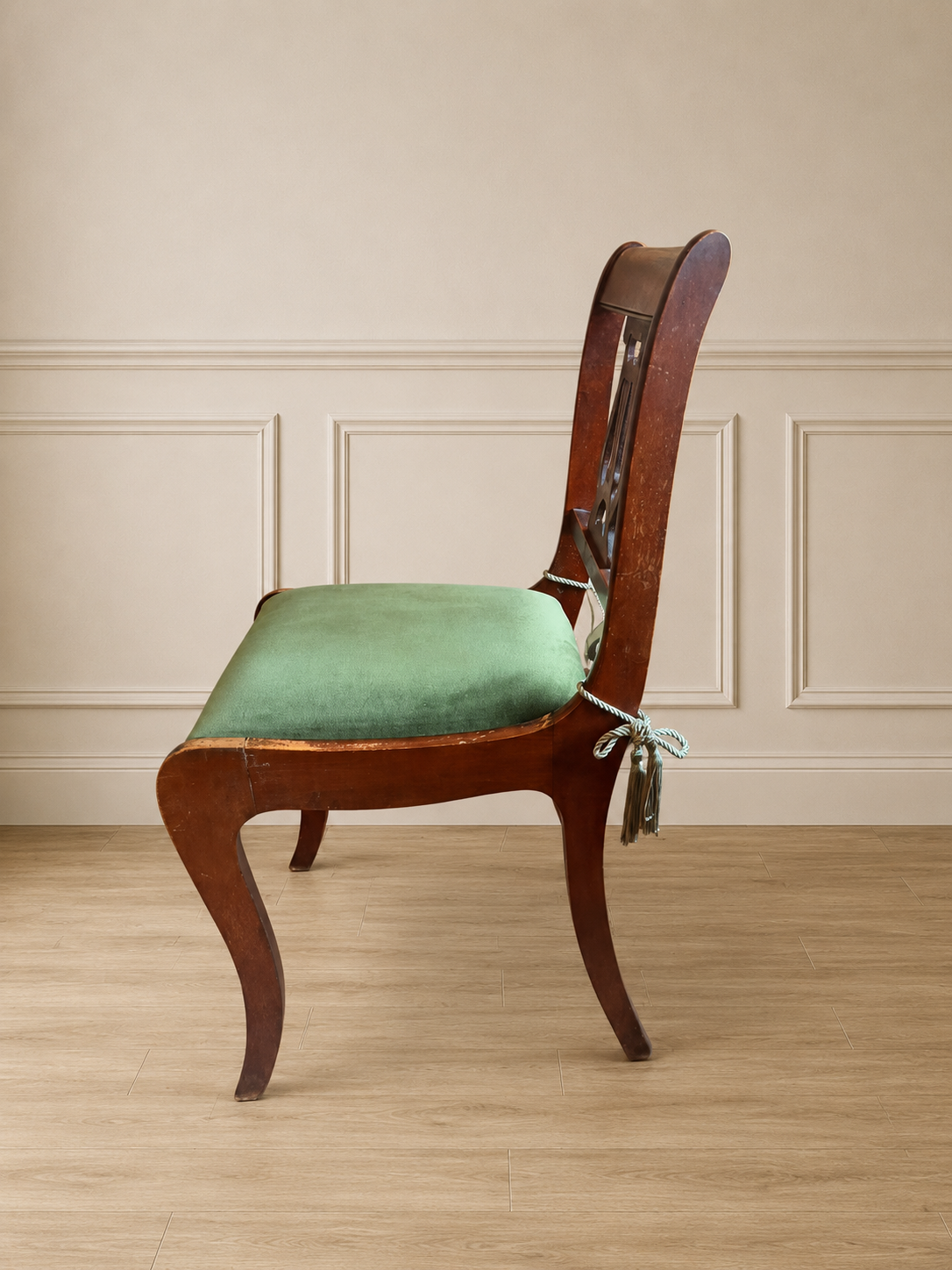 Vintage Lyre-Back Green Velvet Side Chair