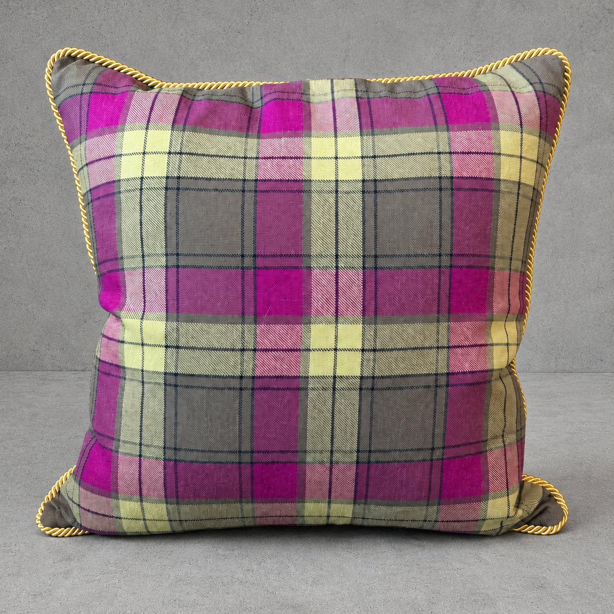 Raspberry and Yellow Velvet Double-Sided Tartan Pillow, Large