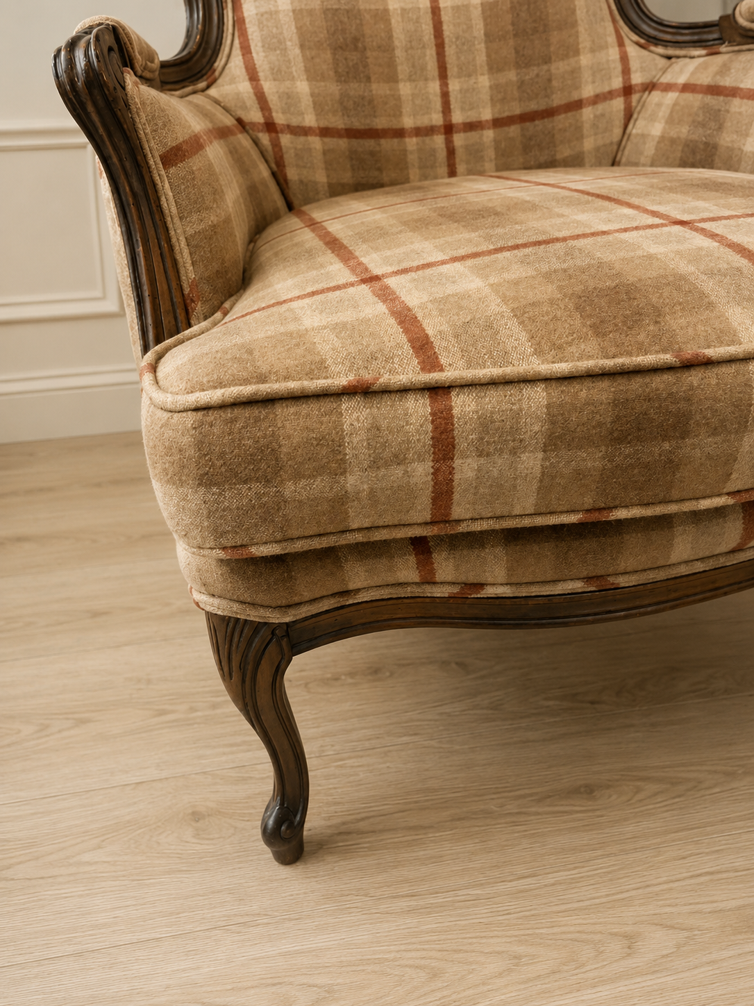 Vintage French Style Plaid Bergère Chair (Pair Available)
