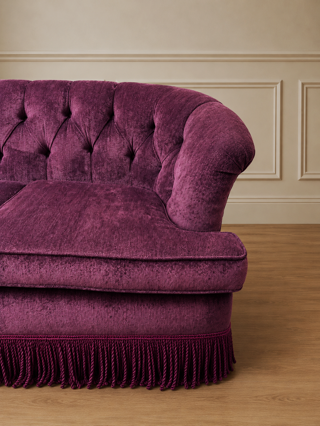 Vintage Deep Plum Tufted Fringe Sofa