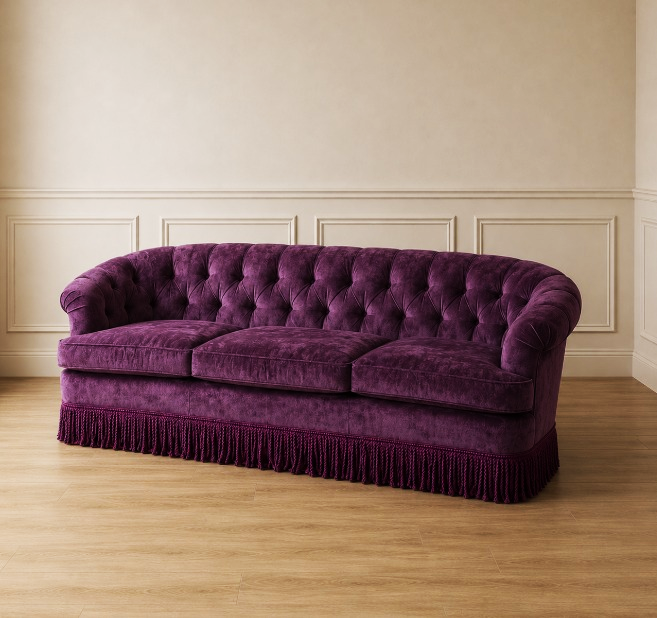 Vintage Deep Plum Tufted Fringe Sofa