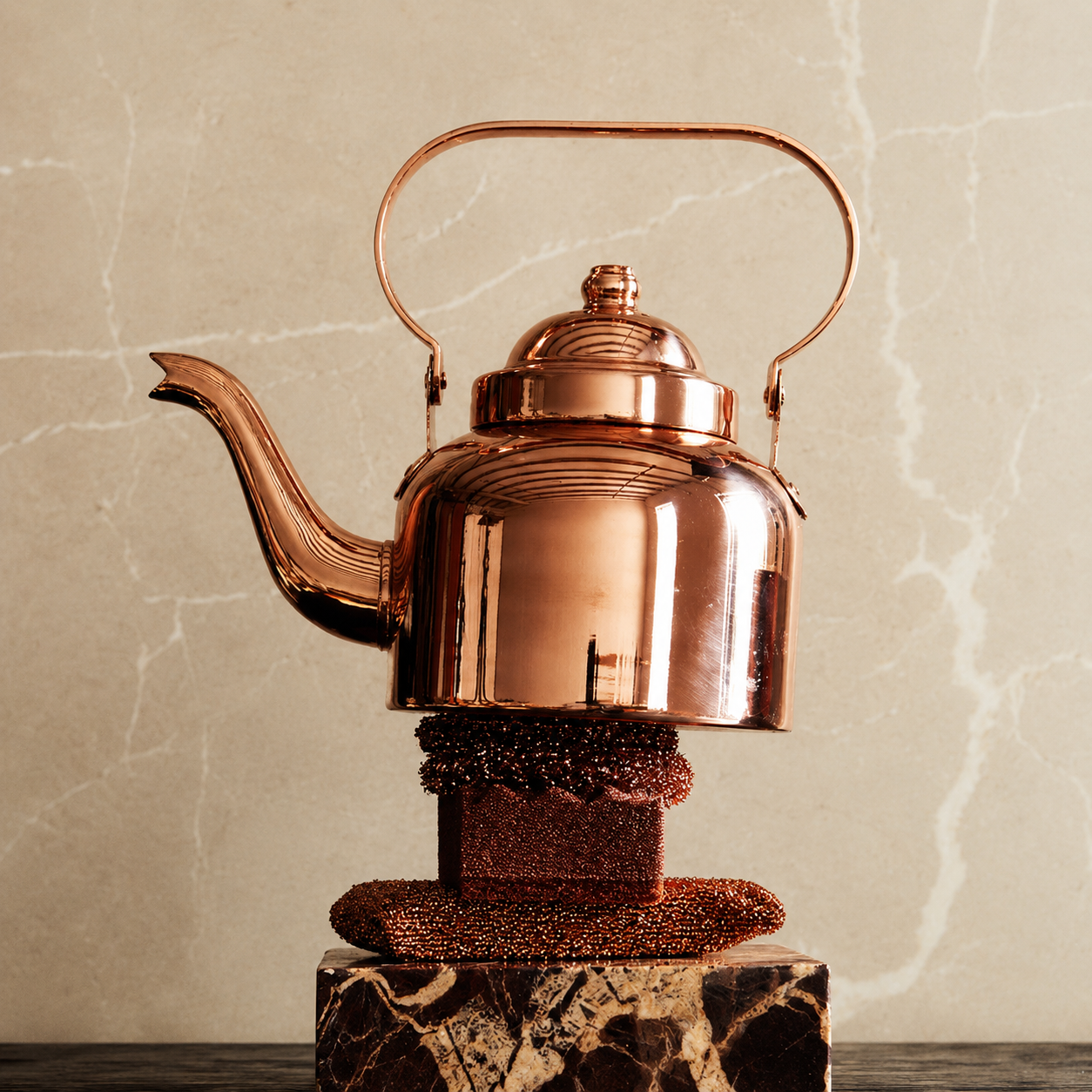Polished pure copper tea kettle with a curved overhead handle and matching dome lid, resting on a textured cream linen fabric background.