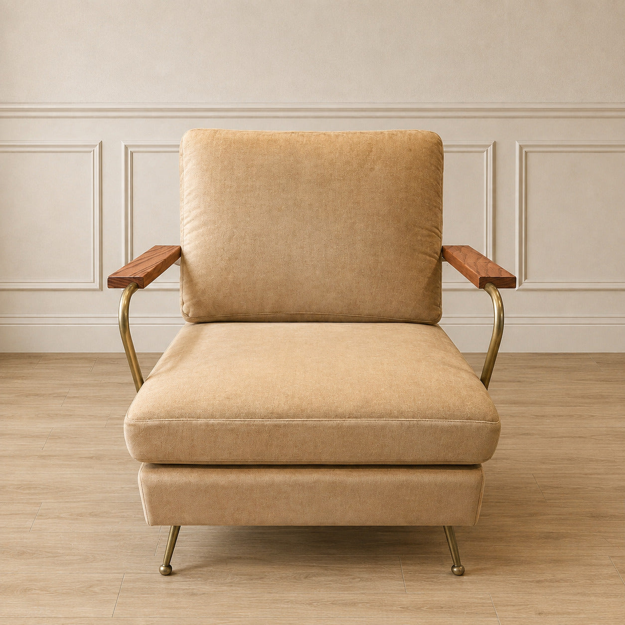 Vintage Mid-Century Camel Lounge Chair with Wood & Brass Arms (2 available)