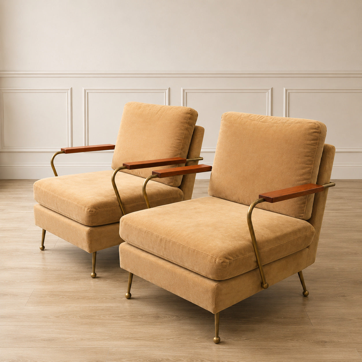 Vintage Mid-Century Camel Lounge Chair with Wood & Brass Arms (2 available)