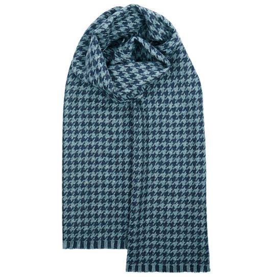 Fearne Corrie Sky scarf in navy and blue houndstooth check, woven from 100 percent British wool with pin fringe