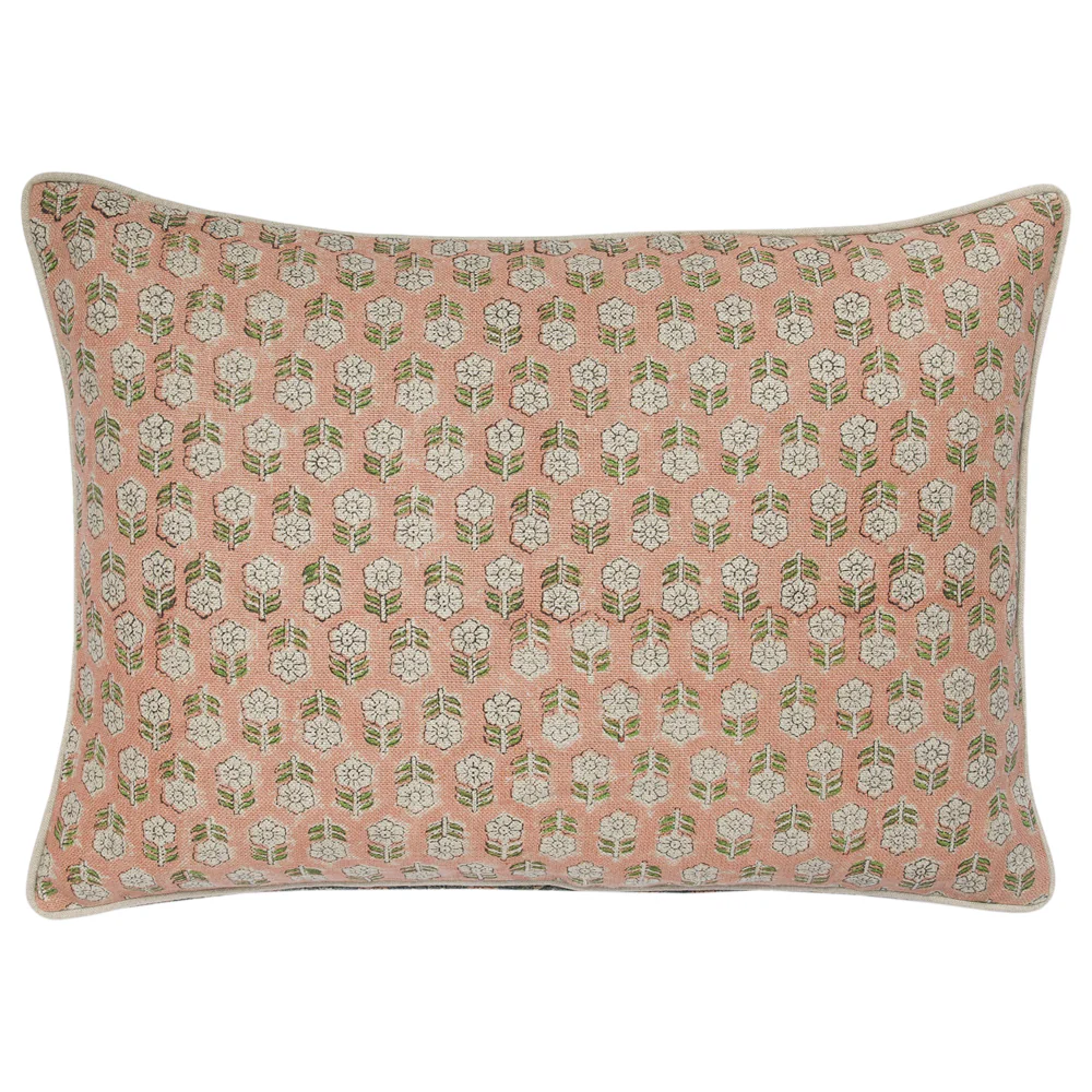 Tulsi Coral hand block-printed linen lumbar pillow with coral floral pattern, zipper closure, and handcrafted made-to-order finish