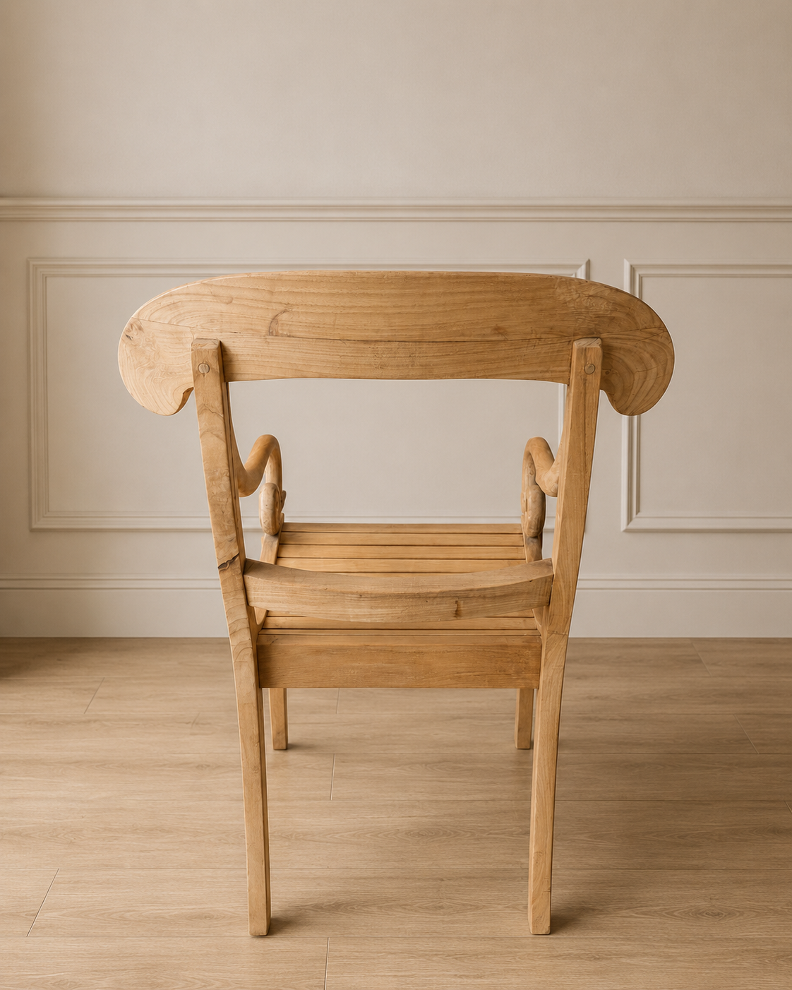 Vintage Scroll Arm Slatted Light Wood Armchair