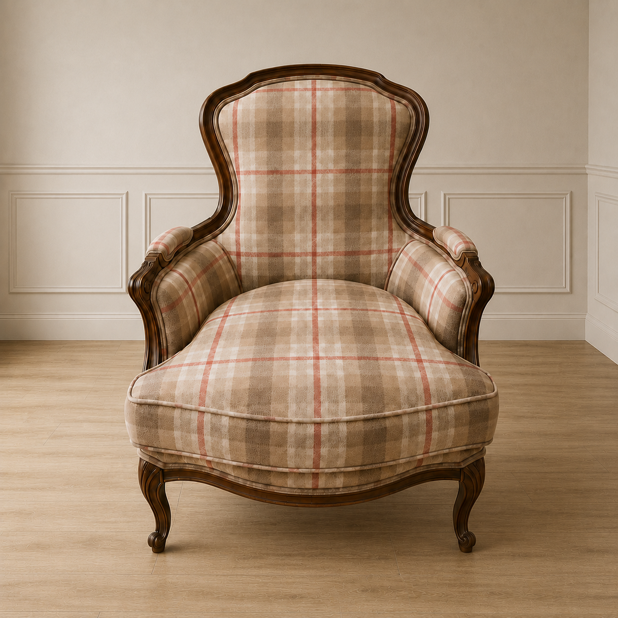 Vintage French Style Plaid Bergère Chair (Pair Available)