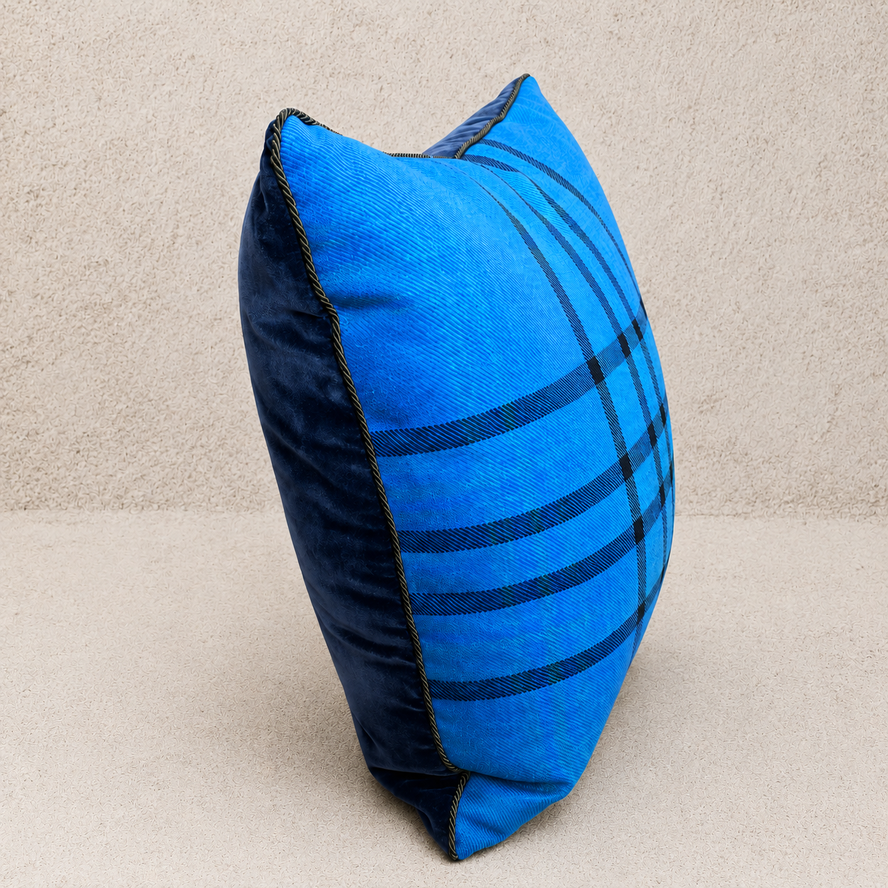 Blue & Black, Grey Velvet Backed Tartan Pillow, Medium