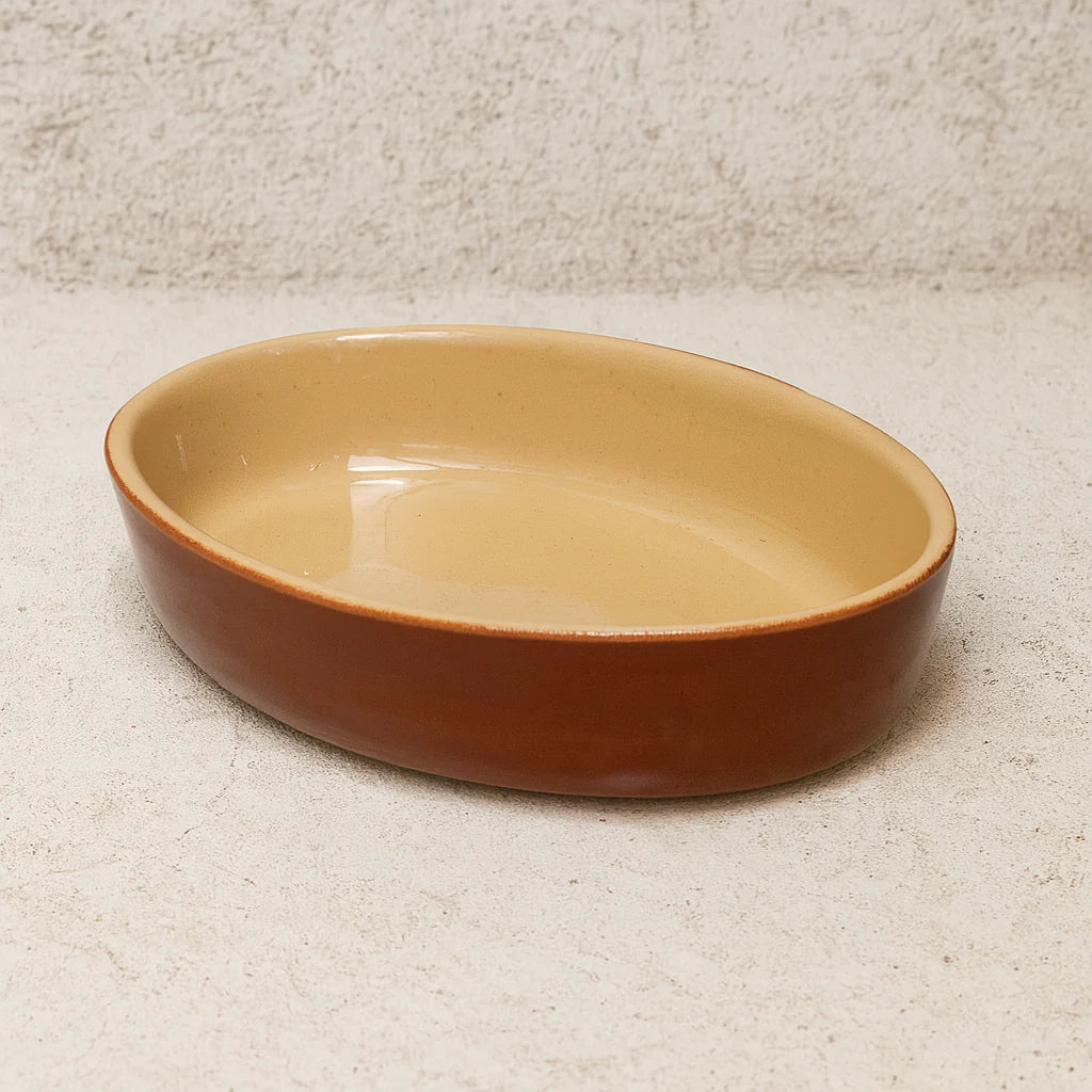 Poterie Renault small brown oval stoneware dish with traditional salt glaze, crafted in France