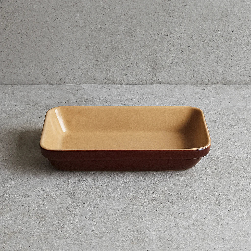 Large brown Poterie Renault rectangular French stoneware plate with traditional salt glaze