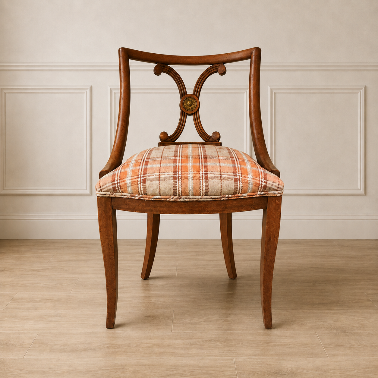 Set of 6 Mahogany Splat Back Chairs Plaid Seats