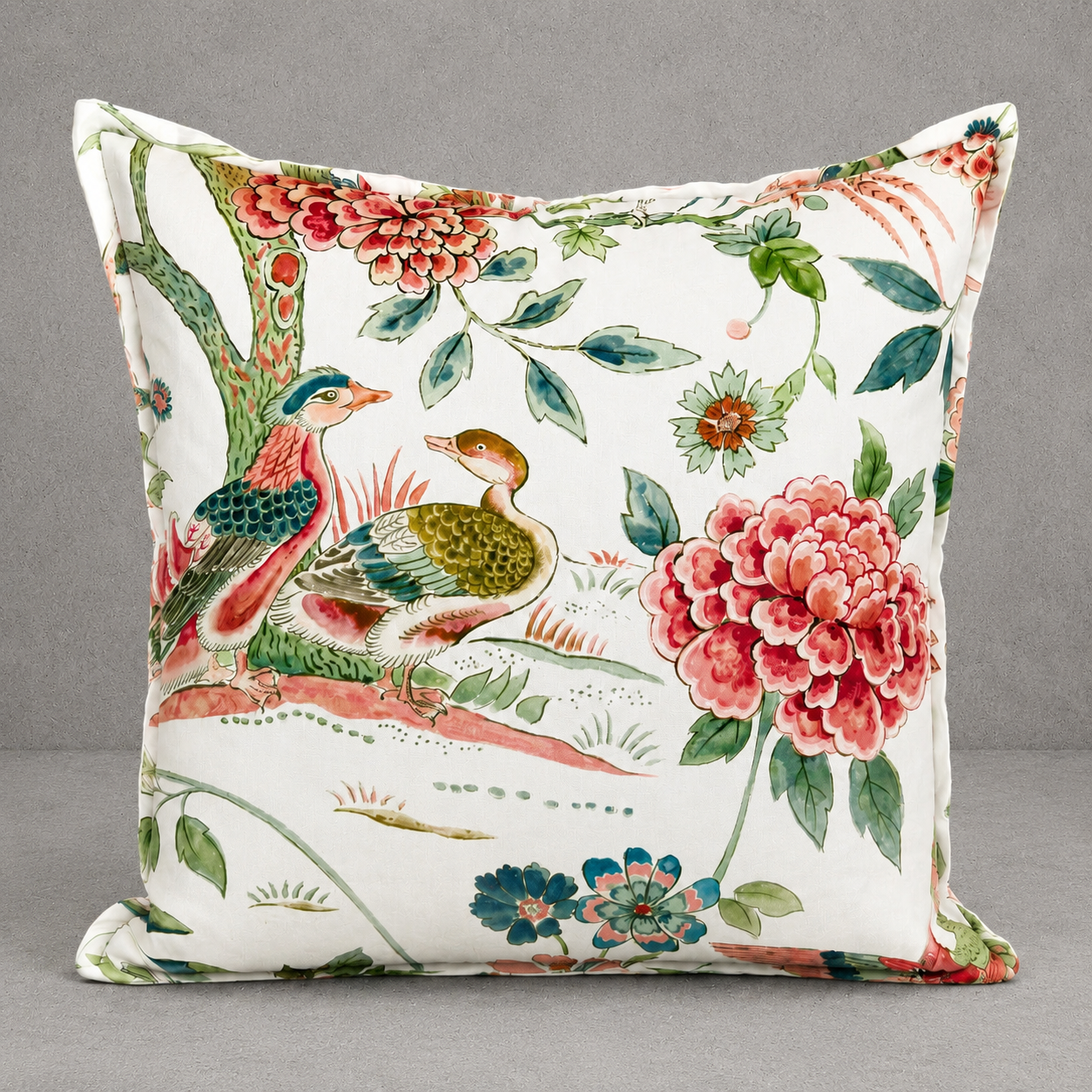 Chinoiserie Floral Bird Pillow, 21"x21"