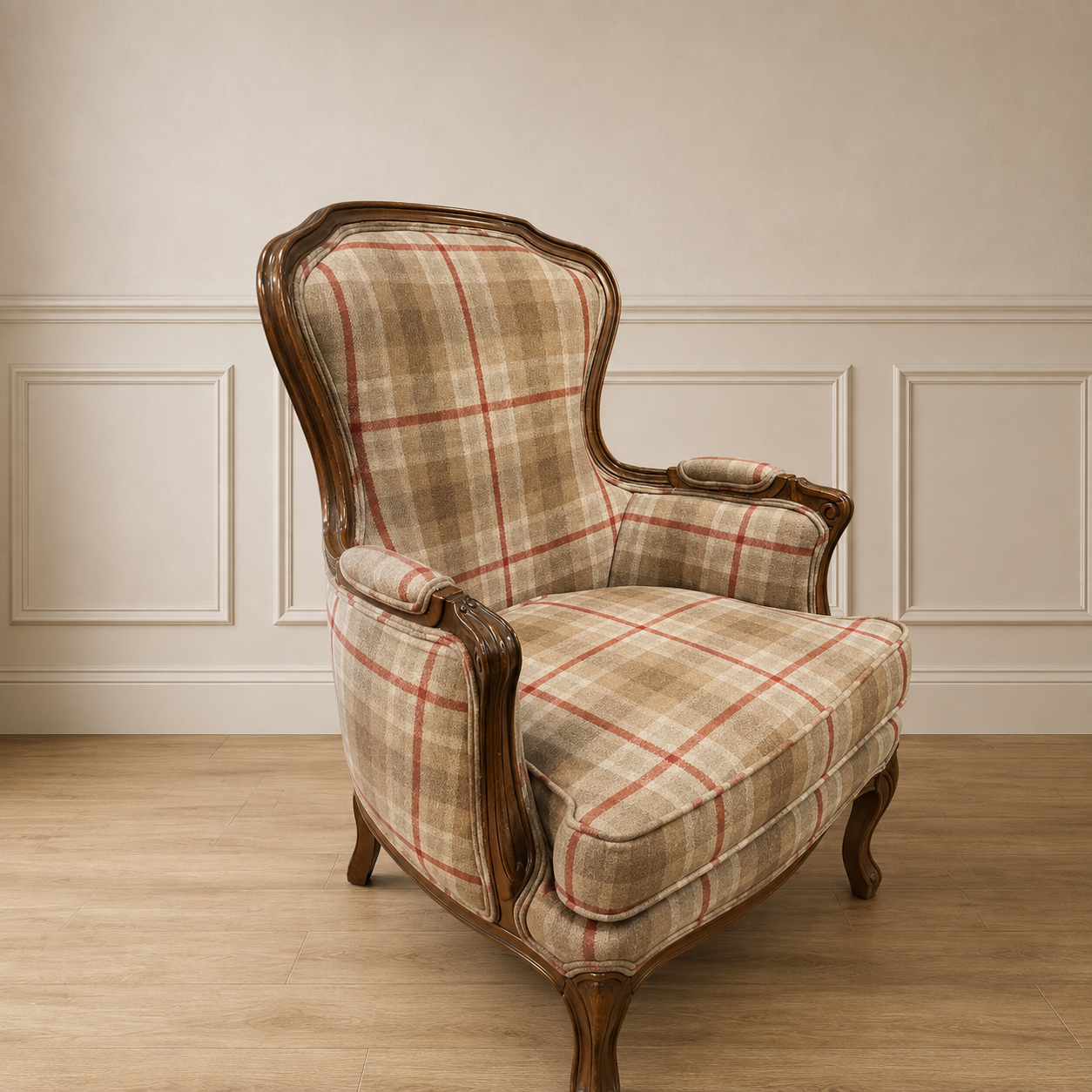 Vintage French Style Plaid Bergère Chair (Pair Available)