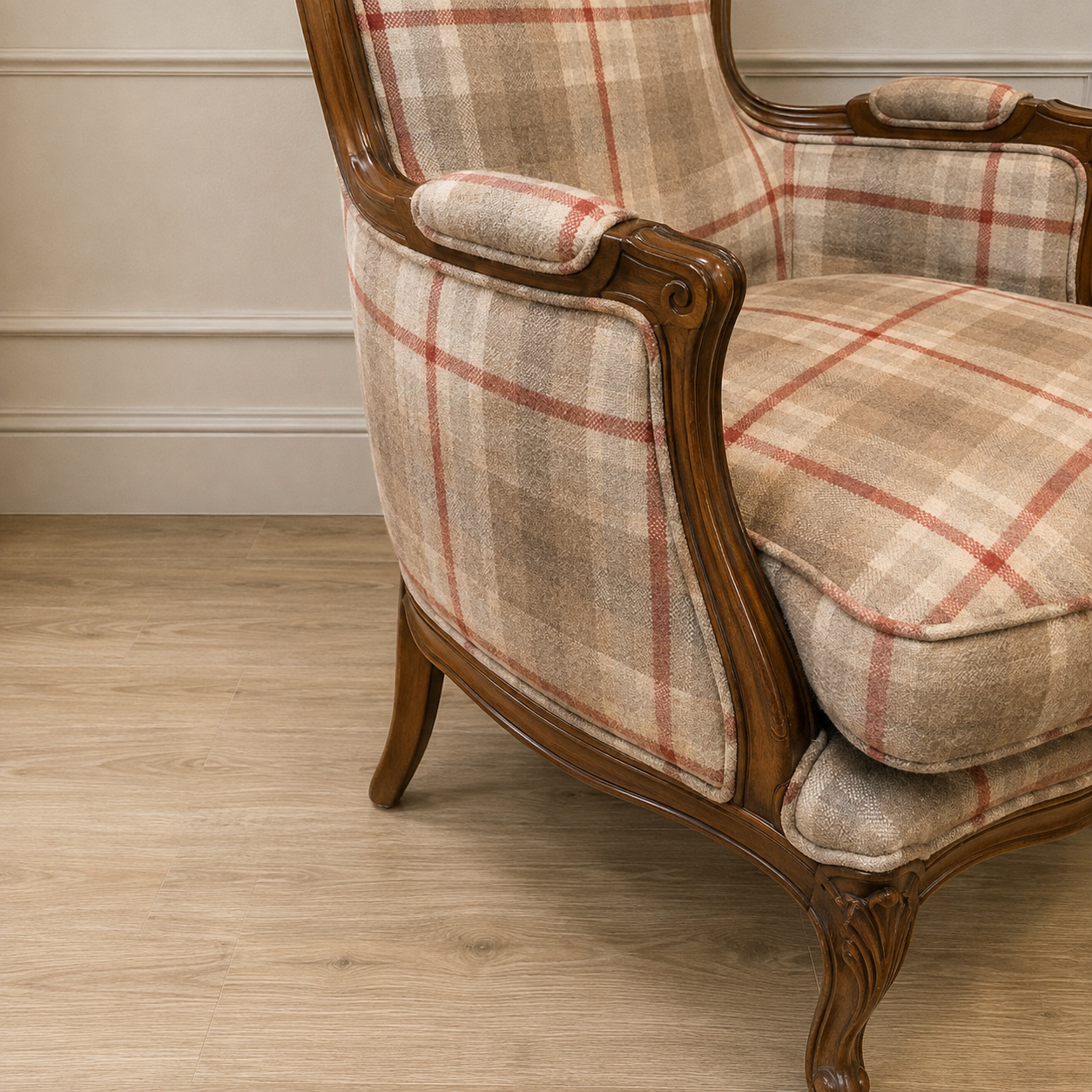 Vintage French Style Plaid Bergère Chair (Pair Available)