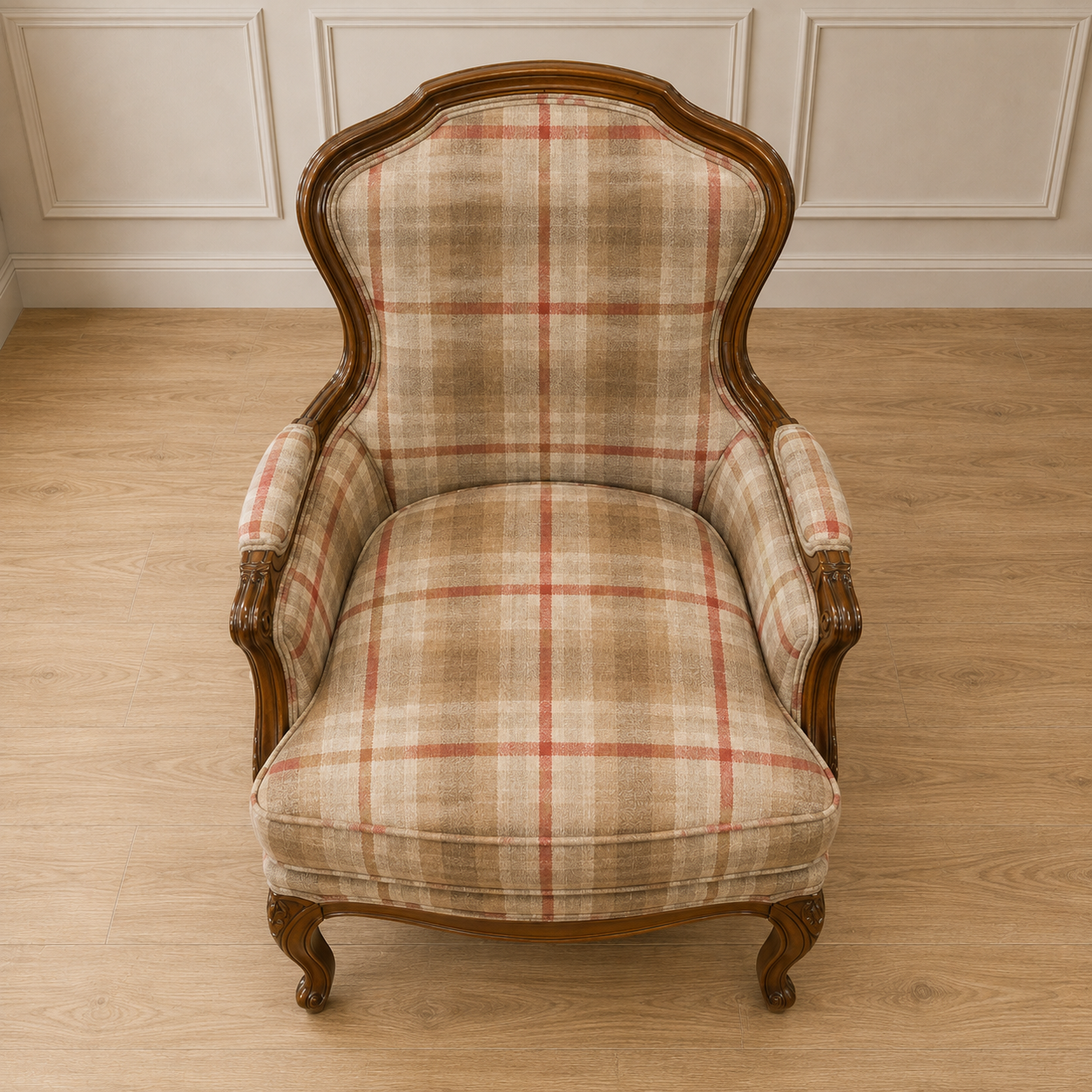 Vintage French Style Plaid Bergère Chair (Pair Available)