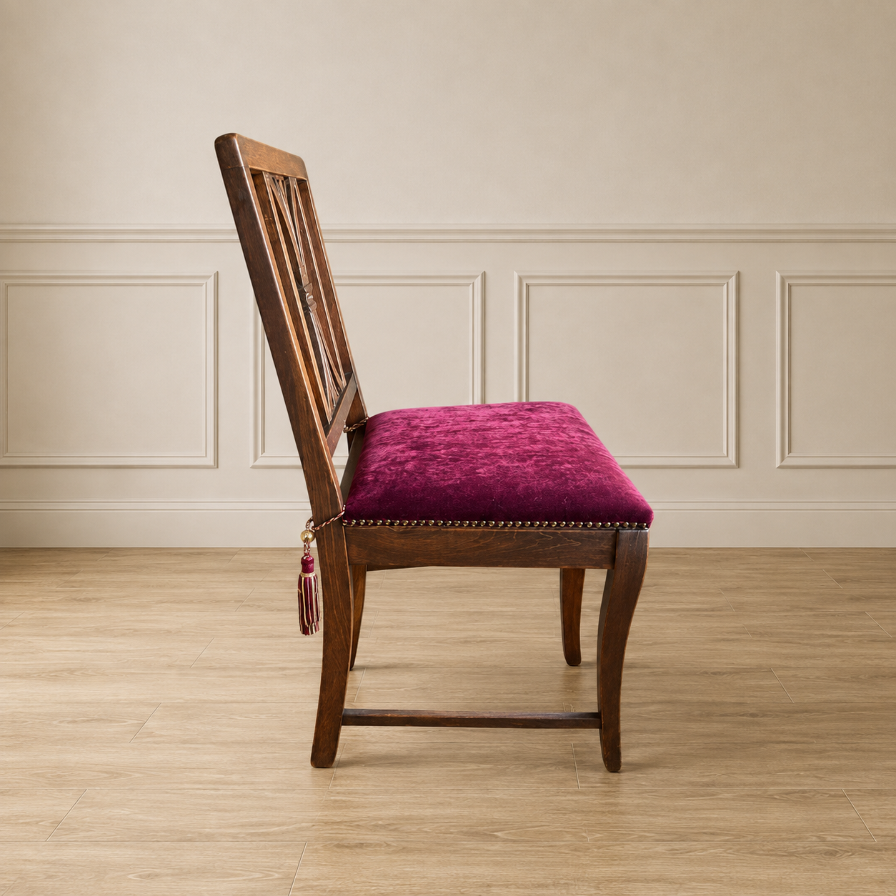 Vintage Burgundy Velvet Pierced-Back Dining Chair
