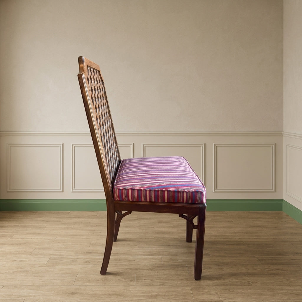 Vintage Burlwood Lattice Back Dining Chair with Striped Upholstered Seat