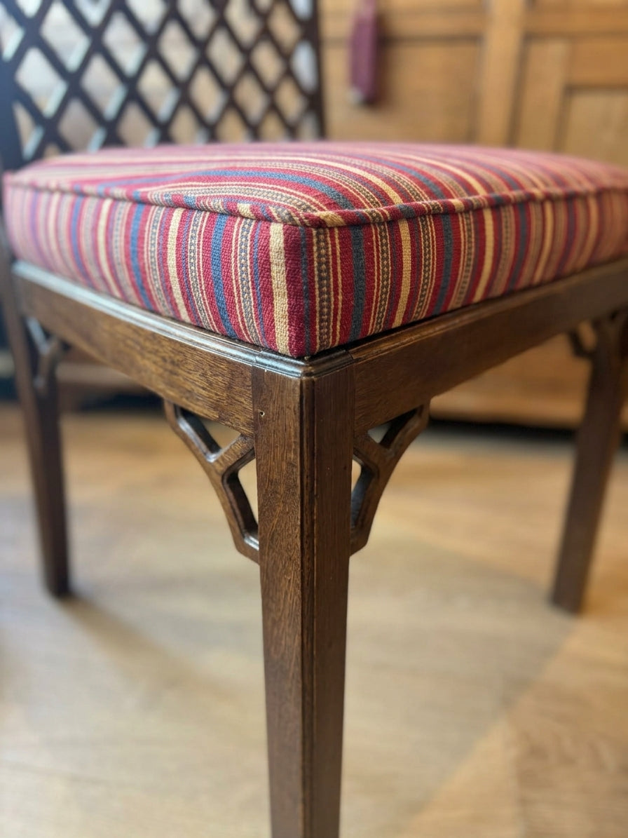 Vintage Burlwood Lattice Back Dining Chair with Striped Upholstered Seat
