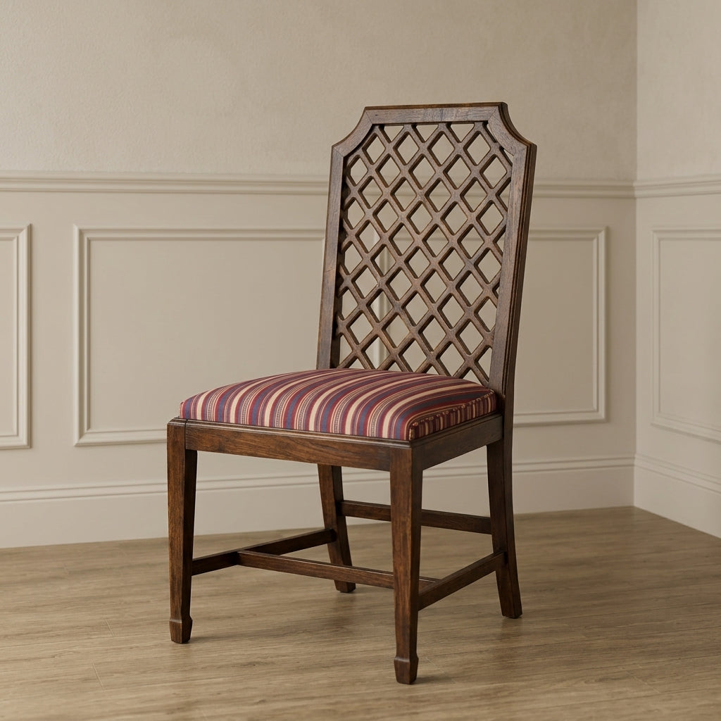 Vintage Burlwood Lattice Back Dining Chair with Striped Upholstered Seat