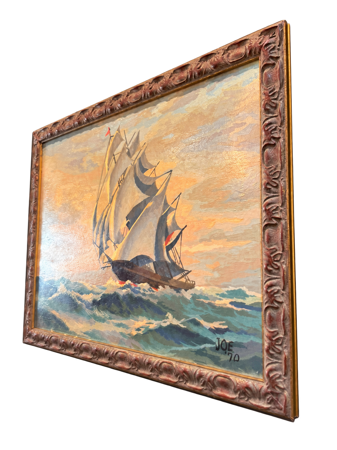 Vintage Original- 1970 Clipper Ship Oil Painting in Ornate Frame